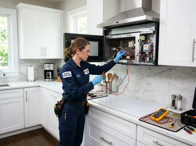 Appliance Repair Hero technician testing an over-the-range microwave in a Beverly Hills, CA kitchen